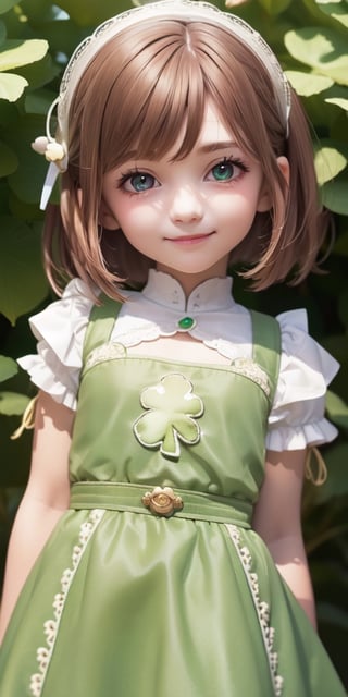 ((9year old girl)), ((solo,1girl:1.4)),((flat chest)),
 petite girl, whole body, children's body, beautiful shining body, bangs,((brown hair:1.3)),high eyes,(aquamarine eyes), petite,tall eyes, beautiful girl with fine details, Beautiful and delicate eyes, detailed face, Beautiful eyes,natural light,((realism: 1.2 )), dynamic far view shot,cinematic lighting, perfect composition, by sumic.mic, ultra detailed, official art, masterpiece, (best quality:1.3), reflections, extremely detailed cg unity 8k wallpaper, detailed background, masterpiece, best quality , (masterpiece), (best quality:1.4), (ultra highres:1.2), (hyperrealistic:1.4), (photorealistic:1.2), best quality, high quality, highres, detail enhancement,((very short hair:1.4)),
((tareme,animated eyes, big eyes,droopy eyes:1.2)),Random poses,((smile)),Realism,((St. Patrick's Day:1.4)),
 celts,((European townscape, European white folk costume, clover embroidery)),bg_imgs, 