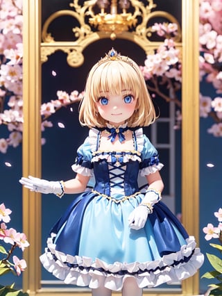 ((12year old girl:1.5)),1girl, loli, petite girl, Portrait, children's body, beautiful shining body, bangs,((blonde hair:1.3)),high eyes,(blue eyes), petite,tall eyes, beautiful girl with fine details, Beautiful and delicate eyes, detailed face, Beautiful eyes,((golden tiara with sapphire decoration)),((light blue gothic lolita ball gown:1.4)),((long skirt:1.7)),(( white neck ruffle, white frill)),((white tights)), blue shoes, ((white gloves with gold decoration)), natural light,((realism: 1.2 )), dynamic far view shot,cinematic lighting, perfect composition, by sumic.mic, ultra detailed, official art, masterpiece, (best quality:1.3), reflections, extremely detailed cg unity 8k wallpaper, detailed background, masterpiece, best quality , (masterpiece), (best quality:1.4), (ultra highres:1.2), (hyperrealistic:1.4), (photorealistic:1.2), best quality, high quality, highres, (short hair:1.4)),((tareme,animated eyes, big eyes,droopy eyes:1.2)),((cherry tree,cherry blossoms1.4)),((tsurime,v-shaped eyebrows,smirk:1.2)),(Cherry blossom background in full bloom:1.4)),perfect,hand,animemia,outdoor
