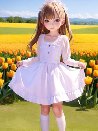 ((9year old girl:1.5)), blonde hair, medium hair,complete anatomy, children's body, child, super cute, girl, little girl, random poses,random angles, embroidery,  beautiful girl, 1 girl, loli, petite girl, top quality, masterpiece, high eyes,drooping eyes,(realism: 1.2)), petite, bangs, tall eyes, natural light,(Blue eyes),bangs, beautiful girl with fine details, Beautiful and delicate eyes, Beautiful girl, detailed face, Beautiful eyes, beautiful shining body, 8K images, wind-blown wheat fields,((Portrait:1.2)),((Long-sleeved, knee-length dress: 1.4)), Realism, Volendam village costume, national costume, white head ornament,Krapu Lap,
Dutch landscape with waterwheel, tulip field,AIDA_LoRA_BelK