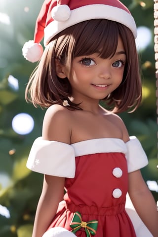 ((6 year old girl: 1.5)), ((flat chest: 1.3)), 1 girl, loli, petite girl, Portrait, young body, beautiful shining body, bangs, ((brown hair: 1.3)), high eyes, ( Aquamarine eyes), petite, tall eyes, beautiful girl with beautiful details, beautiful delicate eyes, detailed face, beautiful eyes, natural light, ((realism: 1.2 )), dynamic long shot, great lighting like a movie, Perfect Composition, Created by Sumic.mic, Super Detailed, Official Art, Masterpiece, (Best Quality: 1.3), Reflections, Highly Detailed CG Unity 8k Wallpaper, Detailed Background, Masterpiece, Best Quality, (Masterpiece), (Best Quality: 1.4), (Ultra High Resolution): 1.2), (Hyper Realistic: 1.4), (Photorealistic: 1.2), Best Quality, High Quality, High Resolution, Detail Enhancement, ((Super short extreme short hair:1.4)),
((Droopy eyes, animated eyes, big eyes, droopy eyes: 1.2)), ((Santa Claus costume: 1.1)), ((smiling expression)), Random angle, (( Snowflake background: 1.3)) , thick eyebrows, ((dark skin: 1.4)),,((Christmas tree, blurred background)),