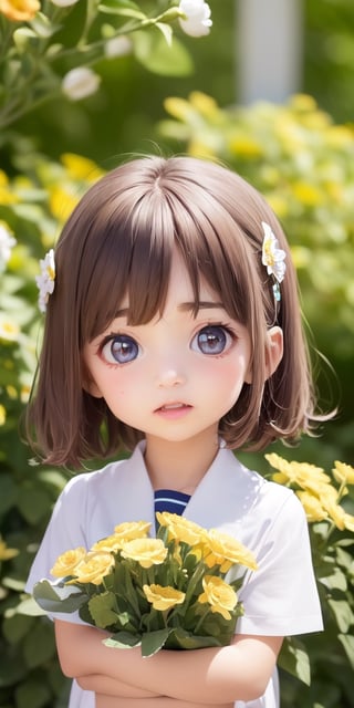 ((6year old girl:1.5)), ((Portrait)),1girl, loli, petite girl,  whole body, children's body, beautiful shining body, bangs,((darkbrown hair:1.3)),high eyes,(aquamarine eyes), petite,tall eyes, beautiful girl with fine details, ((Beautiful and delicate eyes,Beautiful eyes:1.4)), detailed face, natural light,((realism: 1.2 )), dynamic far view shot,cinematic lighting, perfect composition, by sumic.mic, ultra detailed, official art, masterpiece, (best quality:1.3), reflections, extremely detailed cg unity 8k wallpaper, detailed background, masterpiece, best quality , (masterpiece), (best quality:1.4), (ultra highres:1.2), (hyperrealistic:1.4), (photorealistic:1.2), best quality, high quality, highres, detail enhancement, ((very short hair:1.4)),
((tareme,animated eyes, big eyes,droopy eyes:1.2)),((random expression)),,random Angle,((school uniform:1.4)),((thick eyebrows:1.1)),perfect,((manga like visual)),((little girl with a bouquet of flowers:1.4)),perfect light