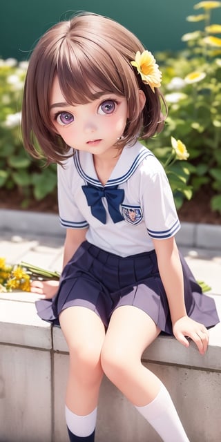 ((6year old girl:1.5)), ((Portrait)),1girl, loli, petite girl,  whole body, children's body, beautiful shining body, bangs,((darkbrown hair:1.3)),high eyes,(aquamarine eyes), petite,tall eyes, beautiful girl with fine details, ((Beautiful and delicate eyes,Beautiful eyes:1.4)), detailed face, natural light,((realism: 1.2 )), dynamic far view shot,cinematic lighting, perfect composition, by sumic.mic, ultra detailed, official art, masterpiece, (best quality:1.3), reflections, extremely detailed cg unity 8k wallpaper, detailed background, masterpiece, best quality , (masterpiece), (best quality:1.4), (ultra highres:1.2), (hyperrealistic:1.4), (photorealistic:1.2), best quality, high quality, highres, detail enhancement, ((very short hair:1.4)),
((tareme,animated eyes, big eyes,droopy eyes:1.2)),((random expression)),,random Angle,((school uniform:1.4)),((thick eyebrows:1.1)),perfect,((manga like visual)),((little girl with a bouquet of flowers:1.4)),perfect light