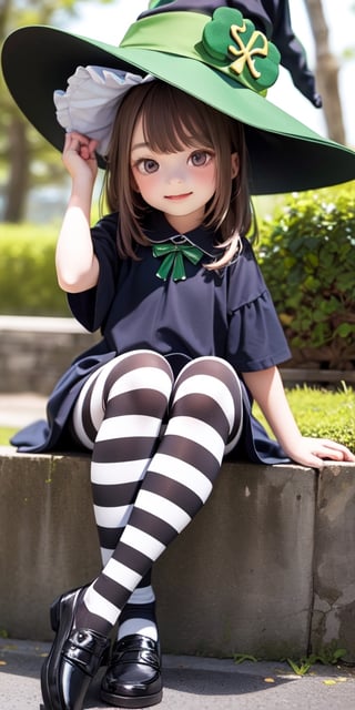 ((9year old girl:1.5)), 1 girl, loli, petite girl, complete anatomy, whole body, children's body, child, super cute, girl, little girl, beautiful girl, beautiful shining body, bangs,brown hair,high eyes,(aquamarine eyess), drooping eyes, petite,tall eyes, beautiful girl with fine details, Beautiful and delicate eyes, detailed face, Beautiful eyes, beautiful shining body, Smiles, happiness, Whole body angle,natural light,((realism: 1.2)), dynamic far view shot,cinematic lighting, perfect composition, by sumic.mic, ultra detailed, official art, masterpiece, (best quality:1.3), reflections, extremely detailed cg unity 8k wallpaper, detailed background, masterpiece, best quality, (masterpiece), (best quality:1.4), (ultra highres:1.2), (hyperrealistic:1.4), (photorealistic:1.2), best quality, high quality, highres, detail enhancement,outdoors,perfect,((medium long hair)),((bright lighting:1.3)),((smile expression:1.4)),((black shoes,witch hat, witch clothes:1.4)),((black and white striped tights:1.5)),perfect,hand,More Detail,break, demon world,masterpiece,best quality, ((St. Patrick's Day:1.4)),
 celts
