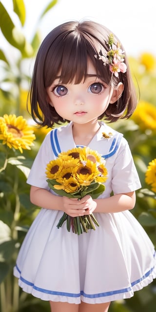 ((6year old girl:1.5)), ((Portrait)),1girl, loli, petite girl,  whole body, children's body, beautiful shining body, bangs,((darkbrown hair:1.3)),high eyes,(aquamarine eyes), petite,tall eyes, beautiful girl with fine details, ((Beautiful and delicate eyes,Beautiful eyes:1.4)), detailed face, natural light,((realism: 1.2 )), dynamic far view shot,cinematic lighting, perfect composition, by sumic.mic, ultra detailed, official art, masterpiece, (best quality:1.3), reflections, extremely detailed cg unity 8k wallpaper, detailed background, masterpiece, best quality , (masterpiece), (best quality:1.4), (ultra highres:1.2), (hyperrealistic:1.4), (photorealistic:1.2), best quality, high quality, highres, detail enhancement, ((very short hair:1.4)),
((tareme,animated eyes, big eyes,droopy eyes:1.2)),((random expression)),,random Angle,((school uniform:1.4)),((thick eyebrows:1.1)),perfect,((manga like visual)),((little girl with a bouquet of flowers:1.4)),perfect light