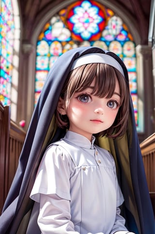 ((9year old girl:1.5)),1girl,petite girl, Portrait, children's body, beautiful shining body, bangs,((brown hair:1.3)),petite,tall eyes, beautiful girl with fine details, Beautiful and delicate eyes, detailed face, Beautiful eyes,((nun in church, nun clothes)),((Nun:1.4)),((chapel,Stained glass)), natural light,((realism: 1.2 )), dynamic far view shot,cinematic lighting, perfect composition, by sumic.mic, ultra detailed, official art, masterpiece, (best quality:1.3), reflections, extremely detailed cg unity 8k wallpaper, detailed background, masterpiece, best quality , (masterpiece), (best quality:1.4), (ultra highres:1.2), (hyperrealistic:1.4), (photorealistic:1.2), best quality, high quality, highres, (short hair:1.4)),