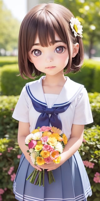 ((6year old girl:1.5)), ((Portrait)),1girl, loli, petite girl,  whole body, children's body, beautiful shining body, bangs,((darkbrown hair:1.3)),high eyes,(aquamarine eyes), petite,tall eyes, beautiful girl with fine details, ((Beautiful and delicate eyes,Beautiful eyes:1.4)), detailed face, natural light,((realism: 1.2 )), dynamic far view shot,cinematic lighting, perfect composition, by sumic.mic, ultra detailed, official art, masterpiece, (best quality:1.3), reflections, extremely detailed cg unity 8k wallpaper, detailed background, masterpiece, best quality , (masterpiece), (best quality:1.4), (ultra highres:1.2), (hyperrealistic:1.4), (photorealistic:1.2), best quality, high quality, highres, detail enhancement, ((very short hair:1.4)),
((tareme,animated eyes, big eyes,droopy eyes:1.2)),((random expression)),,random Angle,((school uniform:1.4)),((thick eyebrows:1.1)),perfect,((manga like visual)),((little girl with a bouquet of flowers:1.4)),perfect light