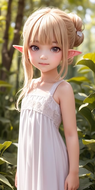 ((6 year old girl:1.4)),((flat chest)),complete anatomy, loli, beautiful girl with fine details,  detailed face, beautiful shining body,((Toddler body: 1.3)),detailed face,  super detailed, perfect face, (highly detailed face:1.4),((elf ears, long ears)),

beautiful detailed eyes, ((tall eyes, Big eyes)), aquamarine eyes, 
 
blond hair, bangs,((half updo hair:1.4)),
Floral hair ornament,
 1 girl, ((white maxi dress)), ((forest background)), random angles, morning light, (bright lighting: 1.2), happiness, Natural Light,realhands, 

(realism: 1.2),
Best Quality, Masterpiece, 
(RAW Photo, Best Quality, Masterpiece: 1.2), Ray-traced reflections, photon mapping,
 ultra-high resolution, 16k images, depth of field,