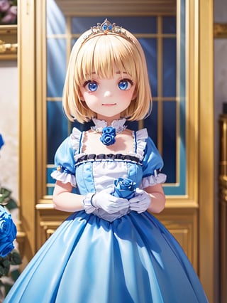 ((12year old girl:1.5)),1girl, loli, petite girl, Portrait, children's body, beautiful shining body, bangs,((blonde hair:1.3)),high eyes,(blue eyes), petite,tall eyes, beautiful girl with fine details, Beautiful and delicate eyes, detailed face, Beautiful eyes,((golden tiara with sapphire decoration)),((light blue gothic lolita ball gown:1.4)),((long skirt:1.7)),(( white neck ruffle, white frill)),((white tights)), blue shoes, ((white gloves with gold decoration)), natural light,((realism: 1.2 )), dynamic far view shot,cinematic lighting, perfect composition, by sumic.mic, ultra detailed, official art, masterpiece, (best quality:1.3), reflections, extremely detailed cg unity 8k wallpaper, detailed background, masterpiece, best quality , (masterpiece), (best quality:1.4), (ultra highres:1.2), (hyperrealistic:1.4), (photorealistic:1.2), best quality, high quality, highres, (short hair:1.4)),((tareme,animated eyes, big eyes,droopy eyes:1.2)),((cherry tree,cherry blossoms1.4)),((tsurime,v-shaped eyebrows,smirk:1.2)),,perfect,hand,animemia,outdoor,((Detailed rose, rose background, blue rose: 1.4)),masterpiece