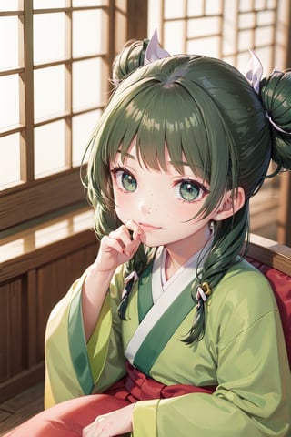 deformed Anime Style,full body,beautiful little girl,12 years old,smirk,
masterpiece, best quality, highres, 1girl hair ribbon hair ornament, hanfu green shirt wide sleeves red skirt long skirt , smirk, indoors, east asian architecture,1girl ((hair ribbon hair ornament,bun)),((Portrait)),1girl,maomao,((Dark green hair:1.4)),
shangfu,lady in waiting,jinshi,freckles