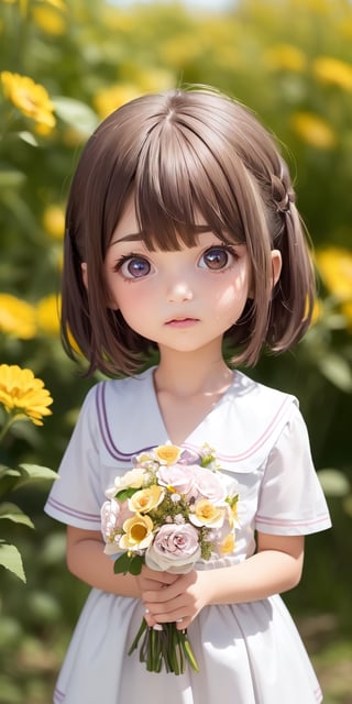 ((6year old girl:1.5)), ((Portrait)),1girl, loli, petite girl,  whole body, children's body, beautiful shining body, bangs,((darkbrown hair:1.3)),high eyes,(aquamarine eyes), petite,tall eyes, beautiful girl with fine details, ((Beautiful and delicate eyes,Beautiful eyes:1.4)), detailed face, natural light,((realism: 1.2 )), dynamic far view shot,cinematic lighting, perfect composition, by sumic.mic, ultra detailed, official art, masterpiece, (best quality:1.3), reflections, extremely detailed cg unity 8k wallpaper, detailed background, masterpiece, best quality , (masterpiece), (best quality:1.4), (ultra highres:1.2), (hyperrealistic:1.4), (photorealistic:1.2), best quality, high quality, highres, detail enhancement, ((very short hair:1.4)),
((tareme,animated eyes, big eyes,droopy eyes:1.2)),((random expression)),,random Angle,((school uniform:1.4)),((thick eyebrows:1.1)),perfect,((manga like visual)),((little girl with a bouquet of flowers:1.4)),perfect light