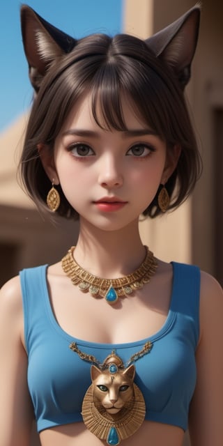 ((18year old girl:1.5)), ((flat chest, Toddler:1.4 ))1girl, petite girl, children's body, beautiful shining body,petite,beautiful girl with fine details,detailed face, bangs,((darkbrown hair:1.3)),((very short hair:1.4)), high eyes,(aquamarine eyes),tall eyes,Beautiful and delicate eyes, Beautiful eyes,((tareme,animated eyes, big eyes,droopy eyes:1.2)),(thick eyebrows), ((Bastet inspired costume: 1.4)) ((Egypt, Pyramids)) black skin,natural light,((random expression)),random Angle, ((realism: 1.2 )), dynamic far view shot,cinematic lighting, perfect composition, by sumic.mic, ultra detailed, official art, masterpiece, (best quality:1.3), reflections, extremely detailed cg unity 8k wallpaper, detailed background, masterpiece, best quality , (masterpiece), (best quality:1.4), (ultra highres:1.2), (hyperrealistic:1.4), (photorealistic:1.2), best quality, high quality, highres, detail enhancement,more detail ,<lora:659095807385103906:1.0>