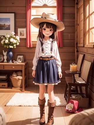 ((6 year old girl: 1.5)), 1 girl, loli, petite girl, complete anatomy, whole body, child's body, child, super cute, girl, little girl, beautiful girl, beautiful shining body, bangs, brown hair, back high eyes, (aquamarine eyes), droopy eyes, petite, tall eyes, beautiful girl with beautiful details, beautiful delicate eyes, detailed face, beautiful eyes, beautiful shining body, smile, happiness, full body angle, old days House in the American West,  Inside the Room,  Fireplace, ((western boots, Cowboy Hat: 1.5)),black belt,
((Realism: 1.2)), Dynamic long shots, Cinematic lighting, Perfect composition, Highly detailed, Official art, Masterpiece by Sumic.mic, (Top quality: 1.3), Reflections, Highly detailed CG Unity 8k Wallpaper, Detailed Background, Masterpiece , Best Quality, (Masterpiece), (Best Quality: 1.4), (Ultra High Resolution: 1.2), (Hyper Realistic: 1.4), (Photorealistic: 1.1), Best quality, high quality, high resolution, detail emphasis,((Log house room: 1.4)),masterpiece