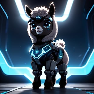 centered, solo, digital art, alpaca, chibi, black and blue sky futuristic, neon lights, floating, (gray background:1.2), simple background,(symetrical), Animal, google glass,dark background, spotlight ,retrowavetech,full body,((Anthropomorphism:1.5))(masterpiece), (science fiction:1.4), high_res, 4k, ai robot maskot, (base colour white) , tensor art logo on her chest, tech lab background, intricate mech details, ground level shot, rendered in Blender, sci-fi, futuristic, trending on Artstation, epic, cinematic background, dramatic, atmospheric,full_body portrait, movie still, action_pose, cyborg style, chibi, 