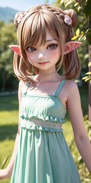 ((6 year old girl:1.4)),((flat chest)),complete anatomy, loli, beautiful girl with fine details,  detailed face, beautiful shining body,((Toddler body:1.3)),detailed face,  super detailed, perfect face, (highly detailed face:1.4),((elf ears, long ears)),choker,dagger,

beautiful detailed eyes, ((tall eyes, Big eyes)), aquamarine eyes, 
 
blond hair, bangs,((short hair:1.4)),
Floral hair ornament,
 1 girl, ((pastel green maxi dress)), ((forest background)), random angles, morning light, (bright lighting:1.2), ((happiness)), Natural Light,realhands, 

(realism:1.2),
Best Quality, Masterpiece, 
(RAW Photo, Best Quality, Masterpiece:1.2), Ray-traced reflections, photon mapping,
 ultra-high resolution, 16k images, depth of field,AIDA_LoRA_BelK