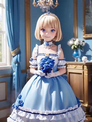 ((12year old girl:1.5)),1girl, loli, petite girl, Portrait, children's body, beautiful shining body, bangs,((blonde hair:1.3)),high eyes,(blue eyes), petite,tall eyes, beautiful girl with fine details, Beautiful and delicate eyes, detailed face, Beautiful eyes,((golden tiara with sapphire decoration)),((light blue gothic lolita ball gown:1.4)),((long skirt:1.7)),(( white neck ruffle, white frill)),((white tights)), blue shoes, ((white gloves with gold decoration)), natural light,((realism: 1.2 )), dynamic far view shot,cinematic lighting, perfect composition, by sumic.mic, ultra detailed, official art, masterpiece, (best quality:1.3), reflections, extremely detailed cg unity 8k wallpaper, detailed background, masterpiece, best quality , (masterpiece), (best quality:1.4), (ultra highres:1.2), (hyperrealistic:1.4), (photorealistic:1.2), best quality, high quality, highres, (short hair:1.4)),((tareme,animated eyes, big eyes,droopy eyes:1.2)),((cherry tree,cherry blossoms1.4)),((tsurime,v-shaped eyebrows,smirk:1.2)),,perfect,hand,animemia,outdoor,((Detailed rose, rose background, blue rose: 1.4))