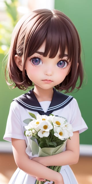 ((6year old girl:1.5)), ((Portrait)),1girl, loli, petite girl,  whole body, children's body, beautiful shining body, bangs,((darkbrown hair:1.3)),high eyes,(aquamarine eyes), petite,tall eyes, beautiful girl with fine details, ((Beautiful and delicate eyes,Beautiful eyes:1.4)), detailed face, natural light,((realism: 1.2 )), dynamic far view shot,cinematic lighting, perfect composition, by sumic.mic, ultra detailed, official art, masterpiece, (best quality:1.3), reflections, extremely detailed cg unity 8k wallpaper, detailed background, masterpiece, best quality , (masterpiece), (best quality:1.4), (ultra highres:1.2), (hyperrealistic:1.4), (photorealistic:1.2), best quality, high quality, highres, detail enhancement, ((very short hair:1.4)),
((tareme,animated eyes, big eyes,droopy eyes:1.2)),((random expression)),,random Angle,((school uniform:1.4)),((thick eyebrows:1.1)),perfect,((manga like visual)),((little girl with a bouquet of flowers:1.4)),perfect light