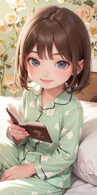 ((6year old girl:1.5)),1girl,whole body, beautiful shining body, bangs,((brown　hair:1.3)),high eyes,(aquamarine eyes),tall eyes, beautiful girl with fine details, Beautiful and delicate eyes, detailed face, Beautiful eyes,natural light,((realism: 1.2 )), dynamic far view shot,cinematic lighting, perfect composition, by sumic.mic, ultra detailed, official art, masterpiece, (best quality:1.3), reflections, extremely detailed cg unity 8k wallpaper, detailed background, masterpiece, best quality , (masterpiece), (best quality:1.4), (ultra highres:1.2), (hyperrealistic:1.4), (photorealistic:1.2), best quality, high quality, highres, detail enhancement,
((short hair)),((bright lighting:1.3)),((tareme,animated eyes, big eyes,droopy eyes:1.2)),((smile expression:1.4)),((Light green pajamas:1.4)),perfect,hand,((Luxury hotel:1.4)),More Detail,((Floral background: 1.4)),Realism,((reading a book,on the bed:1.4)),((random angle: 1.4))