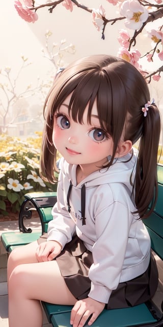 ((6year old girl:1.5)),1girl,whole body, beautiful shining body, bangs,((brown　hair:1.3)),high eyes,(aquamarine eyes),tall eyes, beautiful girl with fine details, Beautiful and delicate eyes, detailed face, Beautiful eyes,natural light,((realism: 1.2 )), dynamic far view shot,cinematic lighting, perfect composition, by sumic.mic, ultra detailed, official art, masterpiece, (best quality:1.3), reflections, extremely detailed cg unity 8k wallpaper, detailed background, masterpiece, best quality , (masterpiece), (best quality:1.4), (ultra highres:1.2), (hyperrealistic:1.4), (photorealistic:1.2), best quality, high quality, highres, detail enhancement,
((twin tails hair)),((bright lighting:1.3)),((tareme,animated eyes, big eyes,droopy eyes:1.2)),((smile expression:1.4)),((hoodie,skirt:1.4)),perfect,hand,More Detail,((Floral background: 1.4)),Realism,((on park bench:1.4)),((random angle: 1.4)),