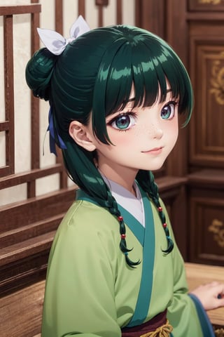 deformed Anime Style,full body,beautiful little girl,12 years old,smirk,
masterpiece, best quality, highres, 1girl hair ribbon hair ornament, hanfu green shirt wide sleeves red skirt long skirt , smirk, indoors, east asian architecture,1girl ((hair ribbon hair ornament,bun)),((Portrait)),1girl,maomao,((Dark green hair:1.4)),
shangfu,lady in waiting,jinshi,[[[freckles]]]
