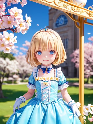 ((12year old girl:1.5)),1girl, loli, petite girl, Portrait, children's body, beautiful shining body, bangs,((blonde hair:1.3)),high eyes,(blue eyes), petite,tall eyes, beautiful girl with fine details, Beautiful and delicate eyes, detailed face, Beautiful eyes,((golden tiara with sapphire decoration)),((light blue gothic lolita ball gown:1.4)),((long skirt:1.7)),(( white neck ruffle, white frill)),((white tights)), blue shoes, ((white gloves with gold decoration)), natural light,((realism: 1.2 )), dynamic far view shot,cinematic lighting, perfect composition, by sumic.mic, ultra detailed, official art, masterpiece, (best quality:1.3), reflections, extremely detailed cg unity 8k wallpaper, detailed background, masterpiece, best quality , (masterpiece), (best quality:1.4), (ultra highres:1.2), (hyperrealistic:1.4), (photorealistic:1.2), best quality, high quality, highres, (short hair:1.4)),((tareme,animated eyes, big eyes,droopy eyes:1.2)),((cherry tree,cherry blossoms1.4)),((tsurime,v-shaped eyebrows,smirk:1.2)),(Cherry blossom background in full bloom:1.4)),perfect,hand,((Tearmoon Empire Story)),((Mia Luna Tier Moon)),animemia,outdoor