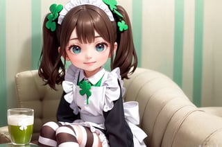 ((6year old girl:1.5)),1girl,whole body, beautiful shining body, bangs,((brown hair:1.3)),high eyes,(aquamarine eyes),tall eyes, beautiful girl with fine details, Beautiful and delicate eyes, detailed face, Beautiful eyes,natural light,((realism: 1.2 )), dynamic far view shot,cinematic lighting, perfect composition, by sumic.mic, ultra detailed, official art, masterpiece, (best quality:1.3), reflections, extremely detailed cg unity 8k wallpaper, detailed background, masterpiece, best quality , (masterpiece), (best quality:1.4), (ultra highres:1.2), (hyperrealistic:1.4), (photorealistic:1.2), best quality, high quality, highres, detail enhancement,
((twin tails hair)),((bright lighting:1.3)),((tareme,animated eyes, big eyes,droopy eyes:1.2)),((smile expression:1.4)),((black maid outfit,white apron:1.4)),((black and white striped tights:1.5)),perfect,hand,((Luxury hotel, on the sofa:1.4)),(( sitting:1.4)),More Detail,break,masterpiece,,((Clover background: 1.4)),Realism ,break,((St. Patrick's Day:1.5)),
 celts,((green beer))