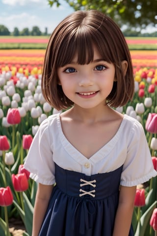 ((6 year old girl: 1.5)), ((flat chest: 1.3)), 1 girl, loli, petite girl, Portrait, young body, beautiful shining body, bangs, ((brown hair: 1.3)), high eyes, ( Aquamarine eyes), petite, tall eyes, beautiful girl with beautiful details, beautiful delicate eyes, detailed face, beautiful eyes, natural light, ((realism: 1.2 )), dynamic long shot, great lighting like a movie, Perfect Composition, Created by Sumic.mic, Super Detailed, Official Art, Masterpiece, (Best Quality: 1.3), Reflections, Highly Detailed CG Unity 8k Wallpaper, Detailed Background, Masterpiece, Best Quality, (Masterpiece), (Best Quality: 1.4), (Ultra High Resolution): 1.2), (Hyper Realistic: 1.4), (Photorealistic: 1.2), Best Quality, High Quality, High Resolution, Detail Enhancement, ((Super short extreme short hair:1.4)),
((Droopy eyes, animated eyes, big eyes, droopy eyes: 1.2)), ((smiling expression)), Random angle, (( Kinderdijk, tulip fields, outdoors, blue sky, background)) , thick eyebrows, ((dark skin: 1.4)),((Dutch national costume, Volendam clothing:1.3)),