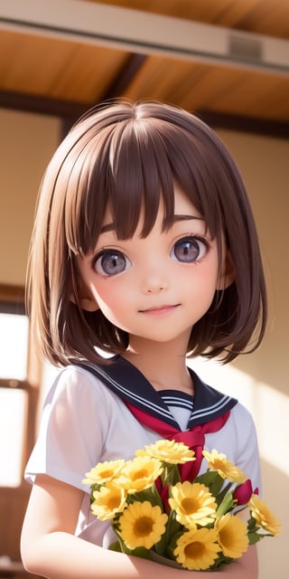 ((6year old girl:1.5)), ((Portrait)),1girl, loli, petite girl,  whole body, children's body, beautiful shining body, bangs,((darkbrown hair:1.3)),high eyes,(aquamarine eyes), petite,tall eyes, beautiful girl with fine details, ((Beautiful and delicate eyes,Beautiful eyes:1.4)), detailed face, natural light,((realism: 1.2 )), dynamic far view shot,cinematic lighting, perfect composition, by sumic.mic, ultra detailed, official art, masterpiece, (best quality:1.3), reflections, extremely detailed cg unity 8k wallpaper, detailed background, masterpiece, best quality , (masterpiece), (best quality:1.4), (ultra highres:1.2), (hyperrealistic:1.4), (photorealistic:1.2), best quality, high quality, highres, detail enhancement, ((very short hair:1.4)),
((tareme,animated eyes, big eyes,droopy eyes:1.2)),((random expression)),,random Angle,((school uniform:1.4)),((thick eyebrows:1.1)),perfect,((manga like visual)),((little girl with a bouquet of flowers:1.4)),perfect light, ((light smile:1.4))