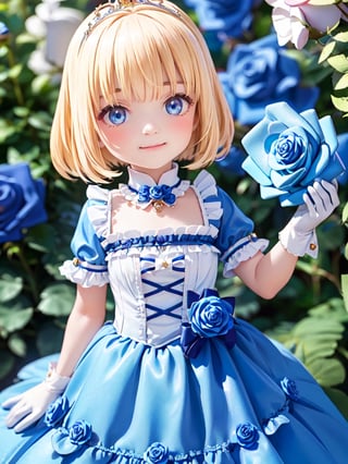 ((12year old girl:1.5)),1girl, loli, petite girl, Portrait, children's body, beautiful shining body, bangs,((blonde hair:1.3)),high eyes,(blue eyes), petite,tall eyes, beautiful girl with fine details, Beautiful and delicate eyes, detailed face, Beautiful eyes,((golden tiara with sapphire decoration)),((light blue gothic lolita ball gown:1.4)),((long skirt:1.7)),(( white neck ruffle, white frill)),((white tights)), blue shoes, ((white gloves with gold decoration)), natural light,((realism: 1.2 )), dynamic far view shot,cinematic lighting, perfect composition, by sumic.mic, ultra detailed, official art, masterpiece, (best quality:1.3), reflections, extremely detailed cg unity 8k wallpaper, detailed background, masterpiece, best quality , (masterpiece), (best quality:1.4), (ultra highres:1.2), (hyperrealistic:1.4), (photorealistic:1.2), best quality, high quality, highres, (short hair:1.4)),((tareme,animated eyes, big eyes,droopy eyes:1.2)),((cherry tree,cherry blossoms1.4)),((tsurime,v-shaped eyebrows,smirk:1.2)),,perfect,hand,animemia,outdoor,((Detailed rose, rose background, blue rose: 1.4)),masterpiece