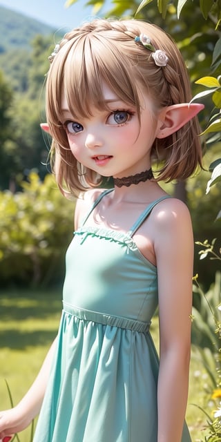 ((6 year old girl:1.4)),((flat chest)),complete anatomy, loli, beautiful girl with fine details,  detailed face, beautiful shining body,((Toddler body:1.3)),detailed face,  super detailed, perfect face, (highly detailed face:1.4),((elf ears, long ears)),choker,dagger,

beautiful detailed eyes, ((tall eyes, Big eyes)), aquamarine eyes, 
 
blond hair, bangs,((short hair:1.4)),
Floral hair ornament,
 1 girl, ((pastel green maxi dress)), ((forest background)), random angles, morning light, (bright lighting:1.2), ((happiness)), Natural Light,realhands, 

(realism:1.2),
Best Quality, Masterpiece, 
(RAW Photo, Best Quality, Masterpiece:1.2), Ray-traced reflections, photon mapping,
 ultra-high resolution, 16k images, depth of field,AIDA_LoRA_BelK