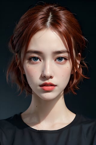 ,a 30 yo woman, red hair, short hair,  blueeyes, (hi-top fade:1.3), dark theme, soothing tones, muted colors, high contrast, (natural skin texture, hyperrealism, soft light, sharp), background tokyo city,tokyo ,sexy,Tower,Detailedface