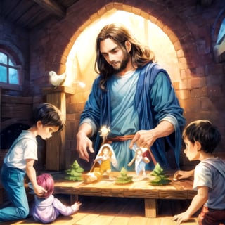 Imagen de jesus jugando con niños tipo cartoon a color alta calidad y efectos de luz

