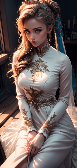 (ultra realistic,32k, masterpiece:1.2),(high detailed skin:1.1),( high quality:1.1), ultrarealistic,   professional photograph shot on Canon EOS R6, 80mm,
nyna, hair ribbon, crown, white dress, long dress, long sleeves , ,(huge breast:0.9),(looking at viewer, sitting, from above:1.1),,
,(neon light:1.1),  blank background