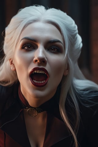 extremely detailed CG unity 8k wallpaper portrait of a vampire woman biting the viewer in a victorian back alley, white hair, 8k, night time, tan skin, mouth open, white shredded dress, crawling on ground, vampire fangs, ((Vampire teeth))blood dripping from mouth, dramatic lighting, by greg rutkowski, night sky, stars, full moon,Movie Still,greg rutkowski,HZ Steampunk,Film Still