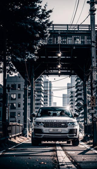 a cinematic film shot of a concept Range Rover on a bridge, long exposure, hdr, realistic, dimly lit, high contrast,  shallow depth of field, moody, bokeh,