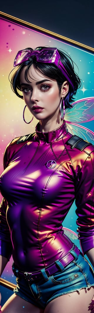 ((masterpiece, best quality)), jubilee (x-men), Krysten Ritter,mini shorts,sexy,curvy body,detailed face,perfect eyes,detailed hands,light background,mix of fantasy and realistic elements,vibrant manga,uhd picture , crystal translucency, vibrant artwork,fairy tiara,  senshi uniform,jessicajones,Jubilee