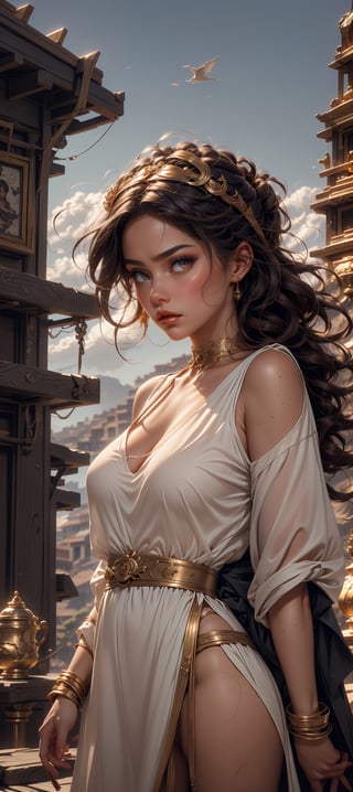 Athena a greek goddess, majestic lady, beautiful, stern face, unsmiling full lips, grey eyes and a graceful build, emanating power and authority, clad in a chiton. floating in sky. fully clothed, More Detail, Sexy Women, ,1girl锛� roujinzhi