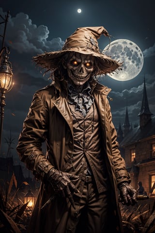 hat, moon, scary scarecrow, full moon, coat, holding sickle, jacket, night, trench coat