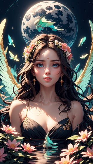(high quality:1.2), (best quality:1.2), (masterpiece:1.2), official art, official wallpaper, surreal, beautifulgoddess, (woman:1.1), (long wavy hair:1.1), (flower crown:1.1), (celestial:1.2), (divine:1.2), (mystical creatures:1.1), (floating islands:1.1), (detailed landscape:1.1), (magic in the air:1.1), (stardust:1.1), night sky, (whimsical atmosphere:1.1), (dreamlike world:1.1), (bubbles:1.1), (luna moths:1.1), (moonlight:1.1), enchanted forest, (wisdom:1.1), (powerful energy:1.1), (guardian angels:1.1), (creation:1.2), (peaceful:1.1), vibrant colors, HDR, (detailed:1.05), (extremely detailed:1.06), sharp focus, (intricate:1.03), (extremely intricate:1.04), (epic scenery:1.09), vibrant colors, (beautiful scenery:1.08), (detailed scenery:1.08), (intricate scenery:1.07), (wonderful scenery:1.05), beautiful face, (perfect eyes:0.8), (perfect skin:0.8), (detailed face:0.8), (detailed eyes:0.8), (detailed hair:0.8), (detailed lips:0.8),Color Booster,perfect light