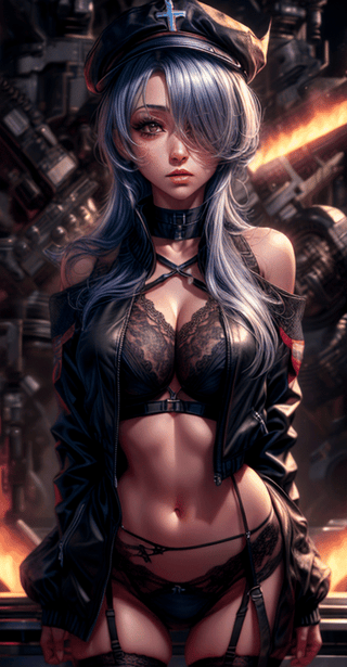 (masterpiece, best quality), 1girl, UlrichDef, long sleeves, choker, cross, thighhighs, breasts, navel, bare shoulders, hair over one eye, black thighhighs, black jacket, black choker, black coat, cleavage, crop top, skindentation, garter straps, piercing, cross, revealing clothes, areola slip, seiza, white panties, arms behind back, ((taking off jacket)), ulrich von hutten /(azur lane/),ulrich von hutten \(azur lane\),More Detail