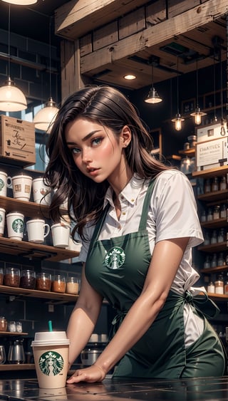  
1girl, starbucks apron, leaning forward, pencil skirt,  coffee cup, cup,, masterpiece, best quality, highly detailed,Sexy Women ,STARBUCKS APRON,More Detail