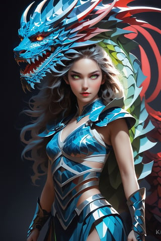 (masterpiece), Slender woman holds a dragon claw fan in her hand, The image has a geometric art style, with simple shapes and solid colors, which give it an elegant and sober appearance, real and detailed, highlights the color of your eyes, The image must be of high impact, the background must be dark and contrast with the girl's figure, The image must have a high detail resolution of 8k, (full body), (artistic pose of a woman), Style Leonardo,A girl dancing,Face makeup,nlgtstyle,DonMM4g1cXL ,darkart,Glass Elements,dragonarmor,DonMD34thM4g1cXL,DonMM4hM4g1cXL,neon style