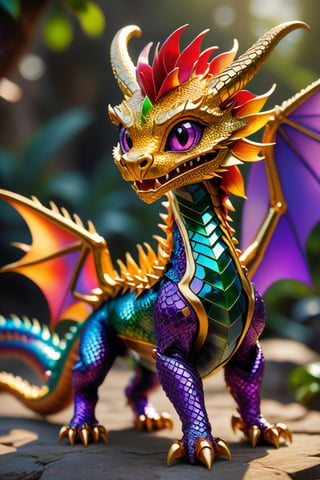 enigma, octane rendering, unreal engine, cinematic, hyperrealism, 16k, depth of field, bokeh.iridescent accents.vibrant.Dragon cub made like the video game character Spyro, with dragon scales with a shiny purple and gold outline, horns golden and two red wings, it has four purple legs, a charismatic personality, a cunning look, the dragon has the tip of its tail in the shape of a golden arrow. In color, each scale shines with iridescent hues, transforming the ordinary into a fascinating spectacle.gemsdragon
