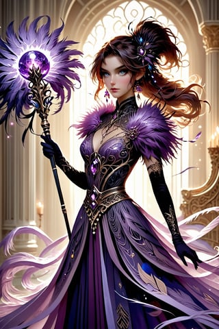(masterpiece), Slender woman holds a fan of natural lilac ostrich feathers in her hand, (she places the open fan of lilac ostrich feathers on her waist, as if it were a belt. This highlights her figure and her style), the woman has the appearance of a dragon sorceress, The image has a geometric art style, with simple shapes and solid colors, giving it an elegant and sober look, real and detailed, highlights the color of your eyes, the image should be high impact, the background must be dark and contrast with the figure of the girl, The image must have a high detail resolution of 8k, (full body), (artistic pose of a woman), Leonardo style, A dancing girl, Facial makeup ,DonMM4g1cXL,darkart,orbstaff,dragon theme,gemsdragon