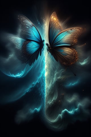 An image of a butterfly with wings formed by two human faces looking at each other, one light and one dark, representing the duality, image with smoke effect and beauty,IMGFIX,89,DDINGU,babilus,DonMF43XL,Pencil Draw,modelshoot style,mdjrny-pprct,Unique Masterpiece,Leonardo Style, dalle,sketch,oil paint ,<lora:659095807385103906:1.0>