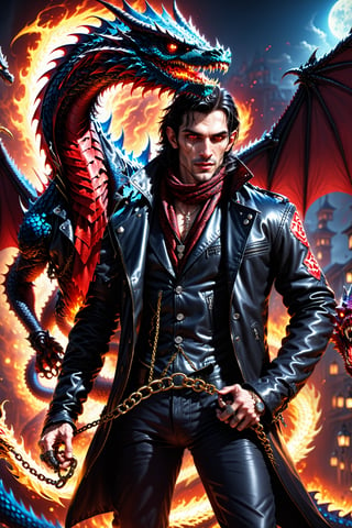 a male aesthetic vampire from the Italian mafia taming an undead dragon with a whip and a chain,a man in a leather jacket and a scarf, with fangs, blood, a ring, a dragn with bones, scales, wings and fire, a whip and a chain, cool, realistic, detailed, 4k,DonMF43Dr4g0n 