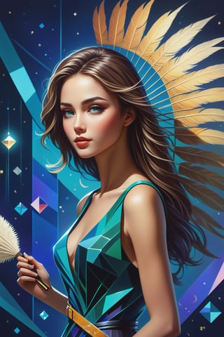 (masterpiece), Slender woman holds an ostrich feather fan in her hand, (she places the open ostrich feather fan on her waist, as if it were a belt. This highlights her figure and her style), The image has a style of geometric art, with simple shapes and solid colors, which give it an elegant and sober look, real and detailed, highlights the color of your eyes, The image must be high impact, the background must be dark and contrast with the figure of the girl, The image must have a high detail resolution of 8k, (full body), (aesthetic pose of a woman),Leonardo Style,A girl dancing,Face makeup,nlgtstyle,DonMM4g1cXL ,darkart,Movie Still,girl,DonMM4hM4g1cXL,Glass Elements,DonMChr0m4t3rr4XL 