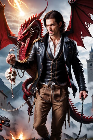 a male aesthetic vampire from the Italian mafia taming an undead dragon with a whip and a chain,a man in a leather jacket and a scarf, with fangs, blood, a ring, a dragn with bones, scales, wings and fire, a whip and a chain, cool, romanticismo style, realistic, detailed, 4k,DonMF43Dr4g0n ,dragon,Hosn
