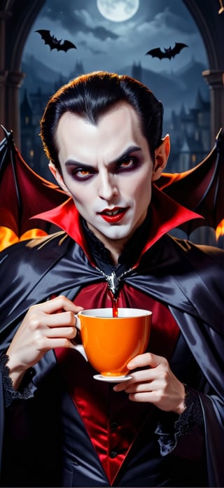 masterpiece, best quality, ultra high resolution, visually stunning, creepy, stylish and scary art (abstract art: 1.3), (vampire drinking from a cup with seductive look), (full body), cape and bats, (scary), realistic,detailed,4k,aesthetic portrait,euphoric style aw0k,HellAI,euphoric style aw0k,donmcr33pyn1ghtm4r3xl,fire,hallow33n,Stylish