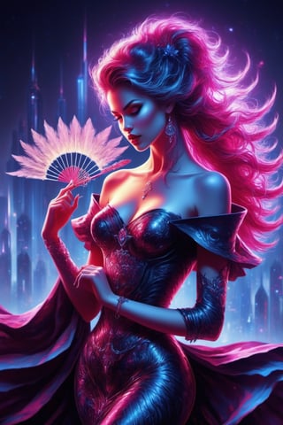 (masterpiece), Slender woman holds a swan feather fan in her hand, (she places the open swan feather fan on her waist, as if it were a belt. This highlights her figure and her style), The image has a geometric art style , with simple shapes and solid colors, which give it an elegant and sober look, real and detailed, highlights the color of your eyes, the image must be high impact, the background must be dark and contrast with the figure of the girl, The image must have a high detail resolution of 8k, (full body), (artistic pose of a woman),Leonardo style,A dancing girl,Face makeup,neon style,DarkSynth,Leonardo Style,night city