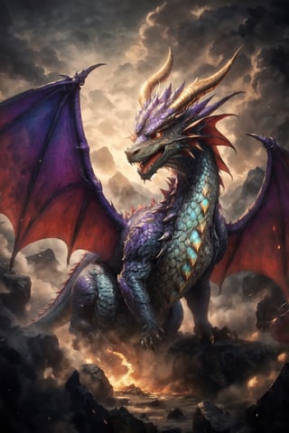 Generate hyper realistic DRAGON cub, Dragon cub made like the video game character Spyro, with dragon scales with a shiny purple and gold outline,  horns golden and two red wings,  it has four purple legs,  a charismatic personality,  a cunning look,  the dragon has the tip of its tail in the shape of a golden arrow,ULTEA REALISTIC,colorful,High detailed ,xxmixgirl